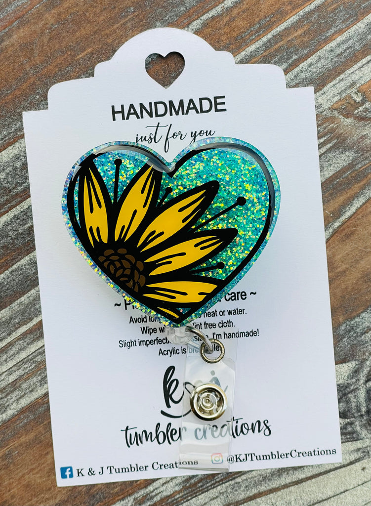 Sunflower Heart Badge Reel – K&J Tumbler Creations
